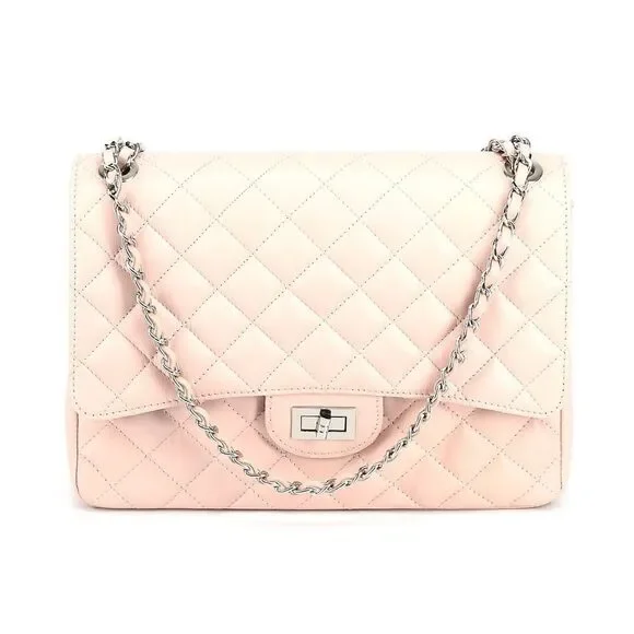 Borse in Pelle Large Crossbody Quilted Flap Bag Pale Pink - Picture 1 of 6